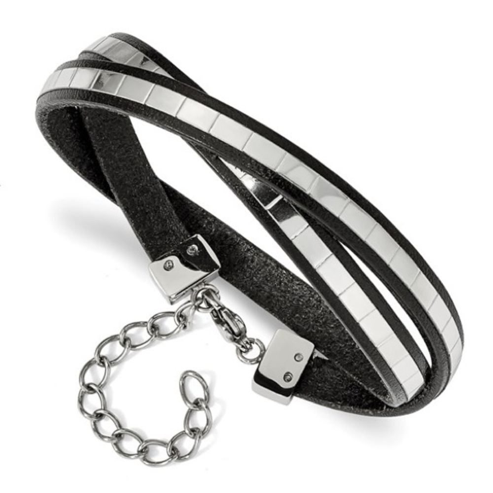 Chisel Stainless Steel Polished Italian Leather Wrap Bracelet 14.5” w/2” ext